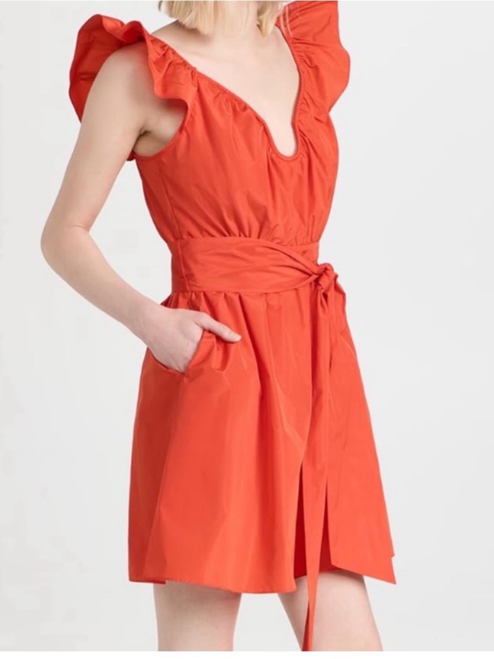 Tanya Taylor Bold Orange-red Stacy Dress with Ruffle Shoulders